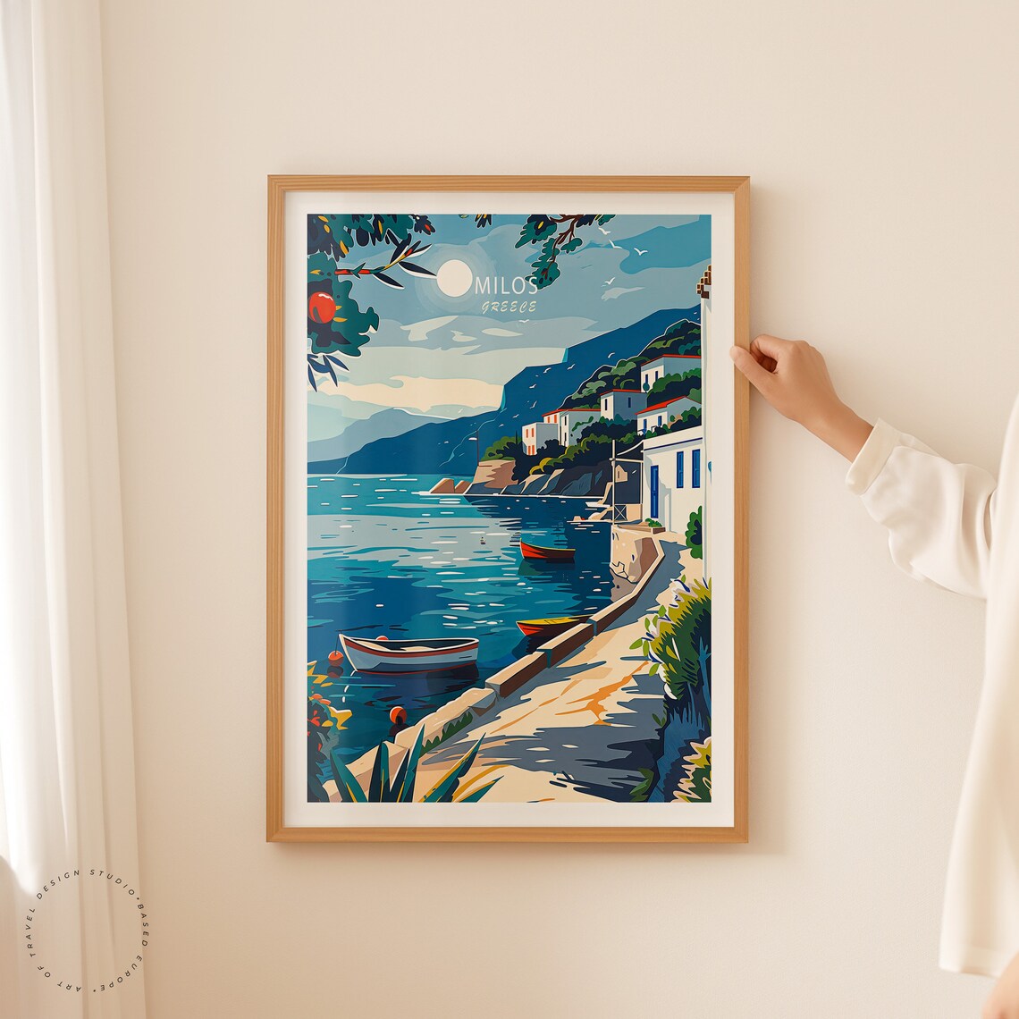 Milos Greece Seaside Harbor Sailboats Moonlit Aegean Bay Poster - Image 2