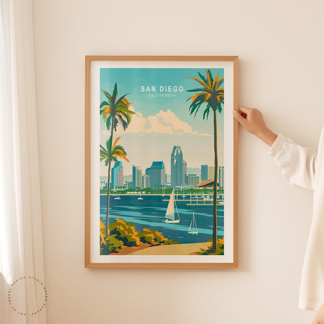 San Diego California Skyline Harbor Sailboats Palm Trees View Poster - Image 5