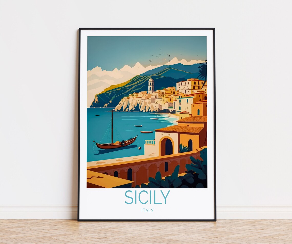 Sicily Italy Coastal Town Cliff Boats Mediterranean Sea Wall Art