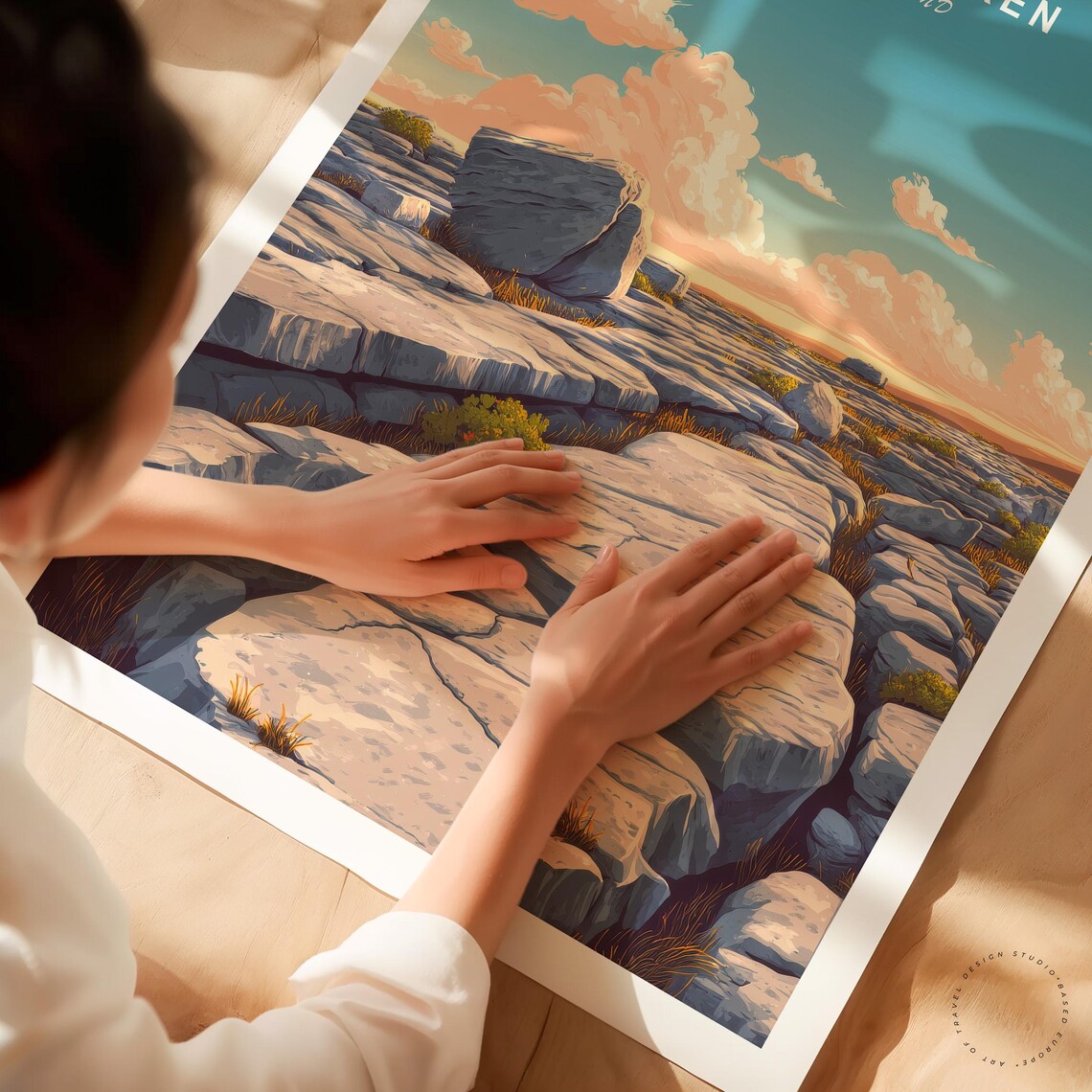 The Burren Ireland Limestone Pavement Golden Sky Vintage Travel Poster - Image 3