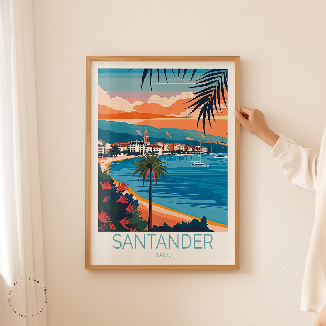 Santander Spain Sunset Bay Palm Trees Sailboats Coastal Poster - Image 2