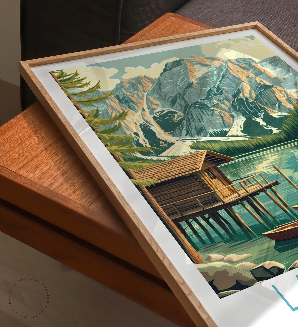 Lake Braies Dolomites Wooden Cabin Rowboats Vintage Travel Poster - Image 6
