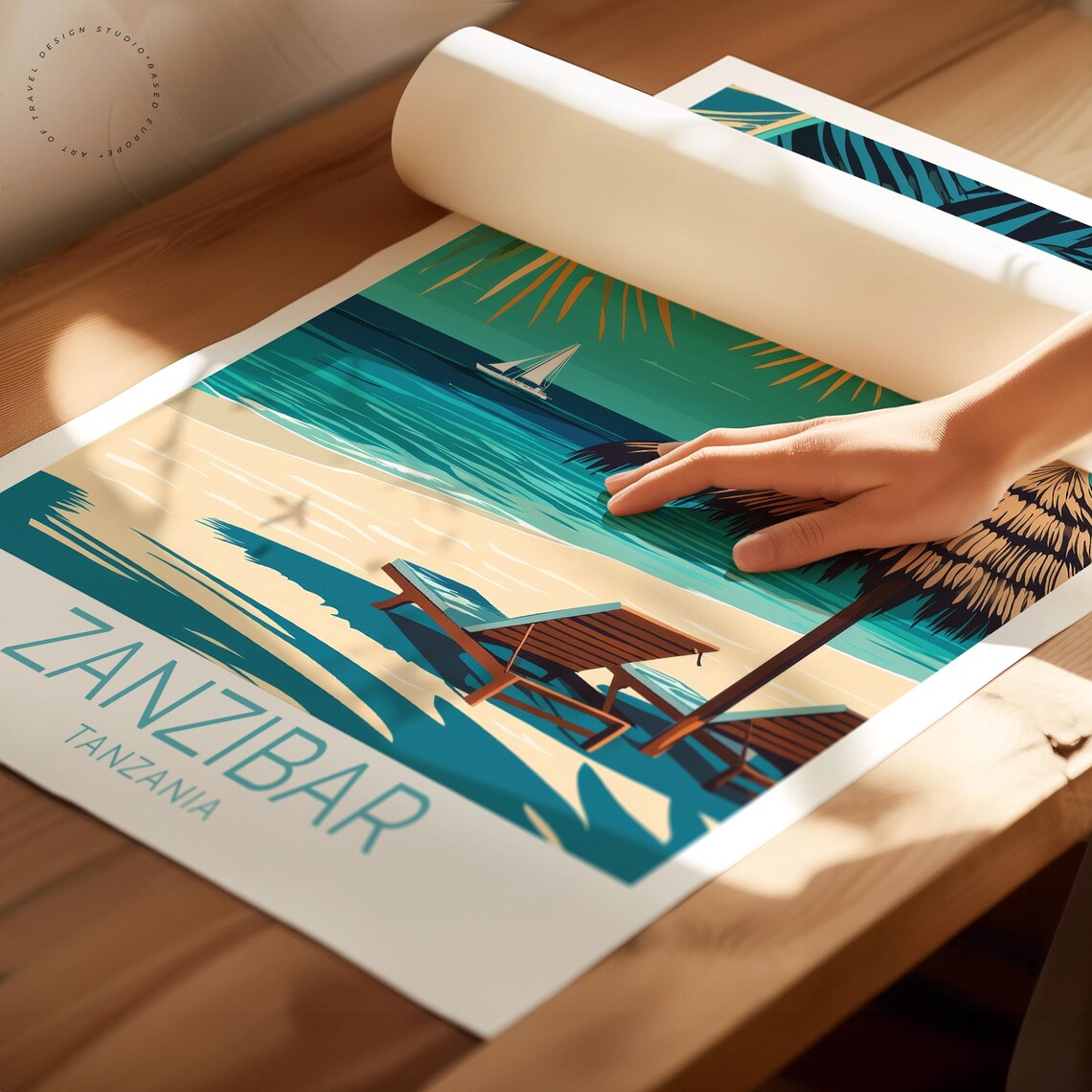 Zanzibar Tanzania Tropical Beach Palapa Sailboat Turquoise Sea Poster - Image 2