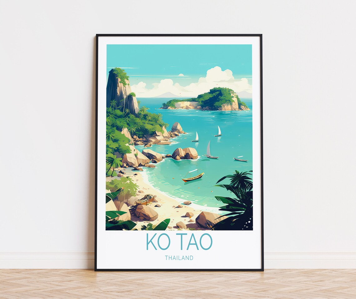 Ko Tao Thailand Sailboat Cove Rocky Cliffs Travel Poster Art