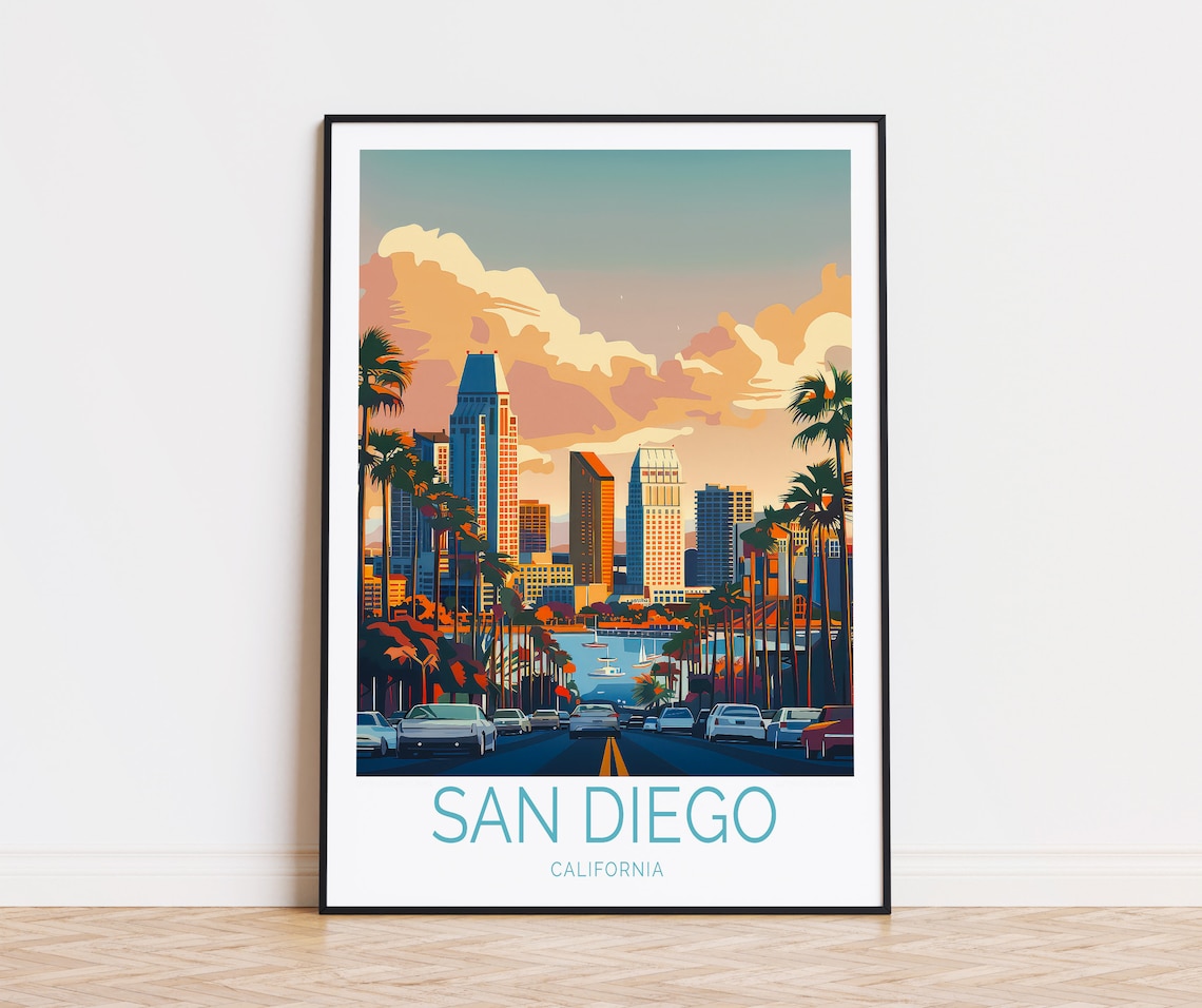 San Diego California Sunset Skyline With Palm Lined Avenue Poster
