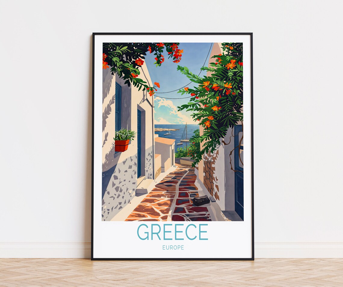 Greece Europe Whitewashed Alley With Bougainvillea By The Sea Poster
