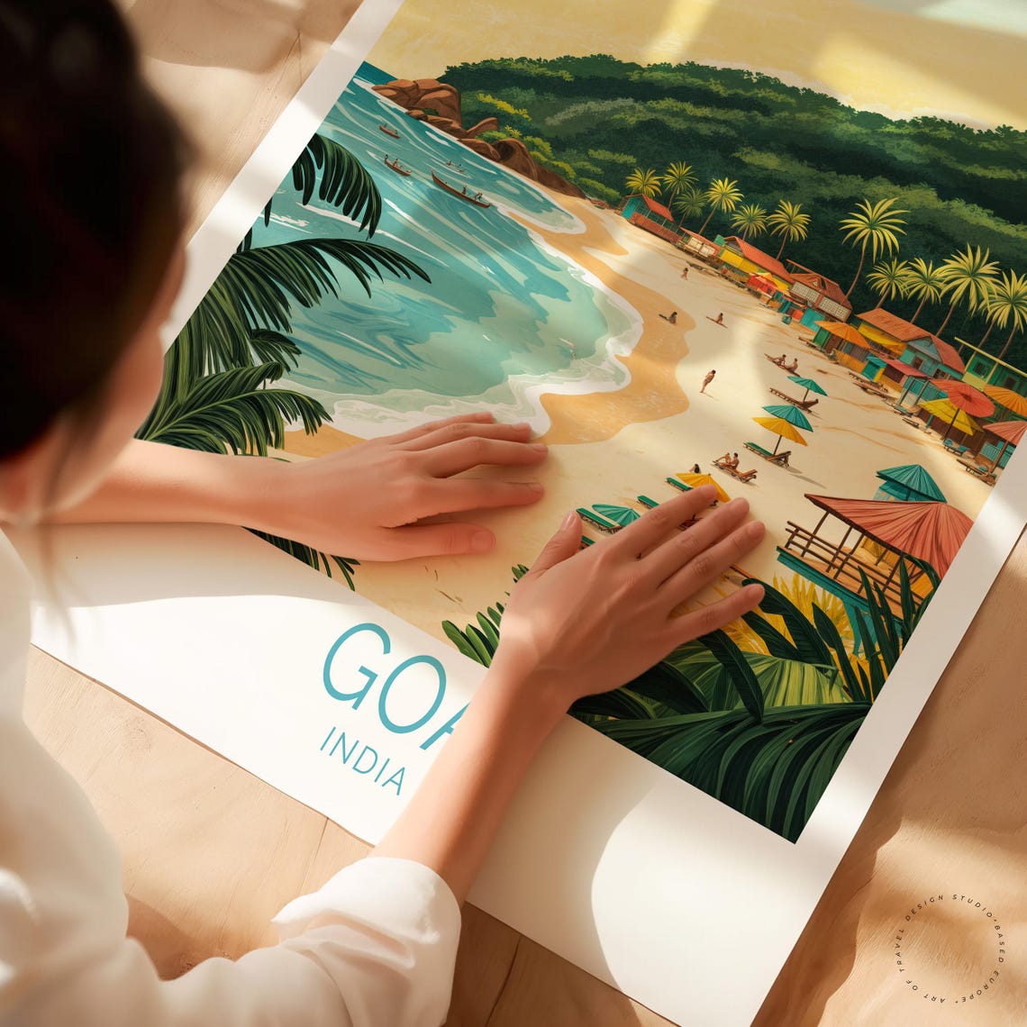 Goa India Lively Beach Umbrellas Shacks Palms Hillside Sunset Poster - Image 3