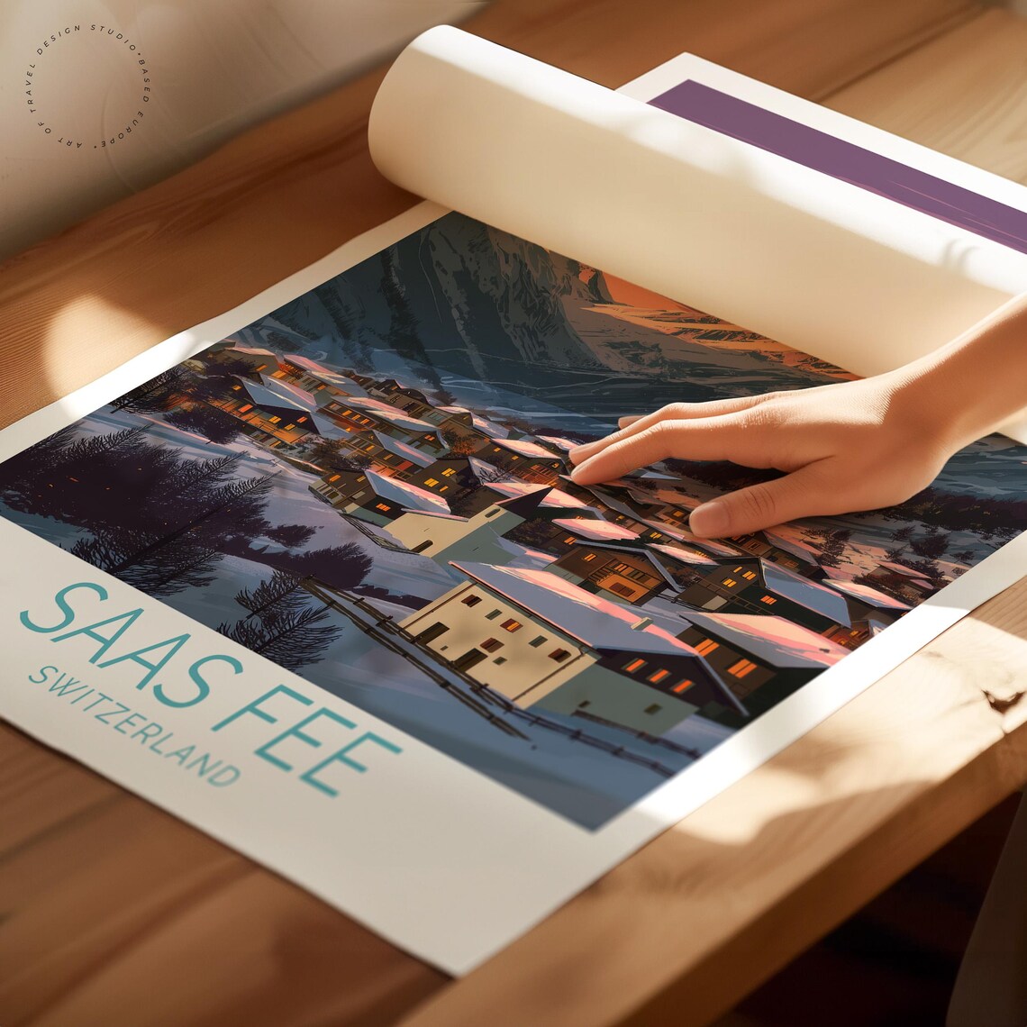 Saas Fee Switzerland Alpine Valley Village Winter Twilight Poster - Image 2