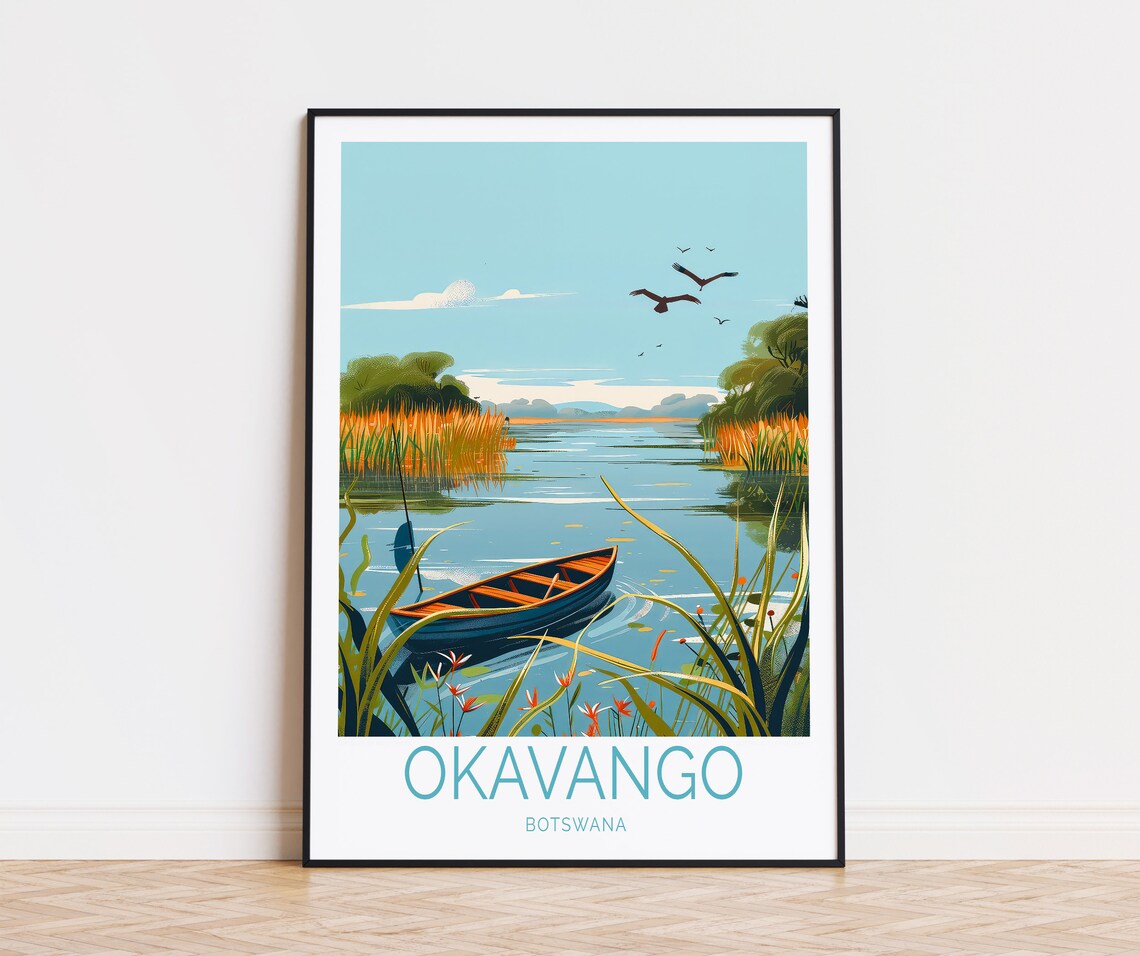 Okavango Botswana Delta Wildlife Serene River Canoe Travel Poster