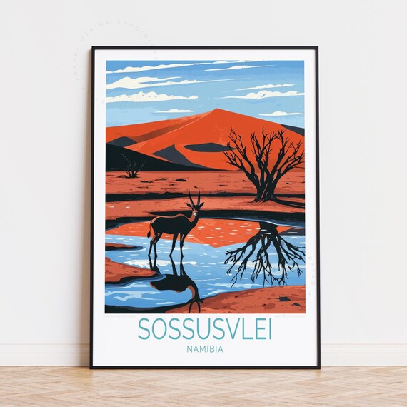 Sossusvlei Namibia Antelope Water Reflection Desert Travel Poster