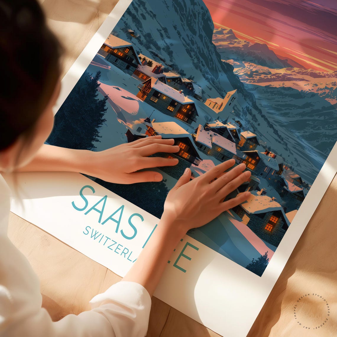 Saas Fee Switzerland Snowy Chalets Glowing Windows Sunset Poster - Image 3