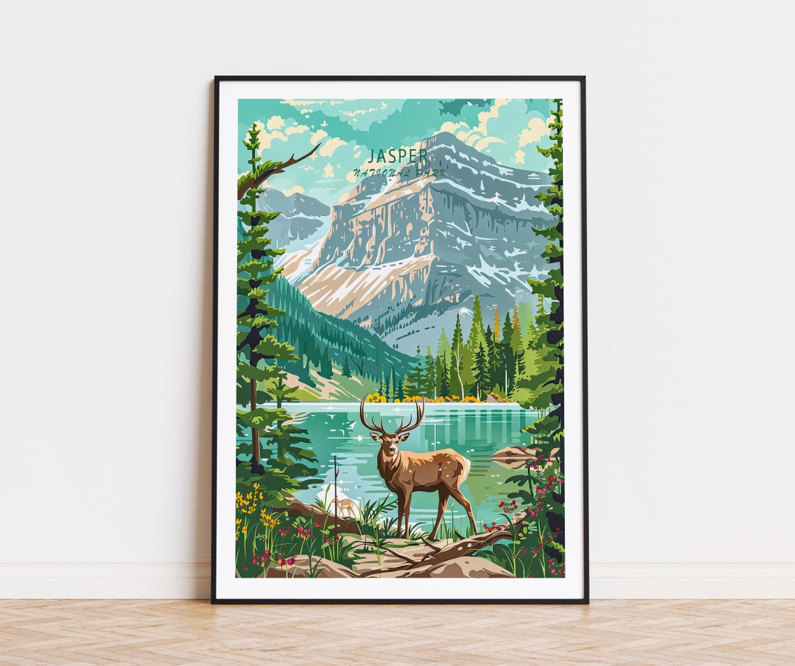 Jasper National Park Canada Elk Alpine Lake Top Title Poster