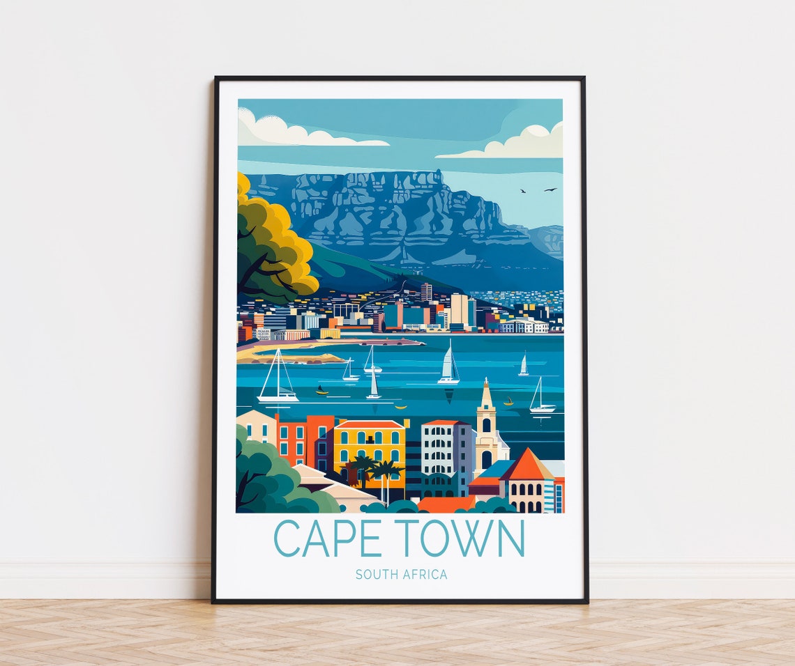 Cape Town South Africa Table Mountain Harbor Sailboats Travel Poster