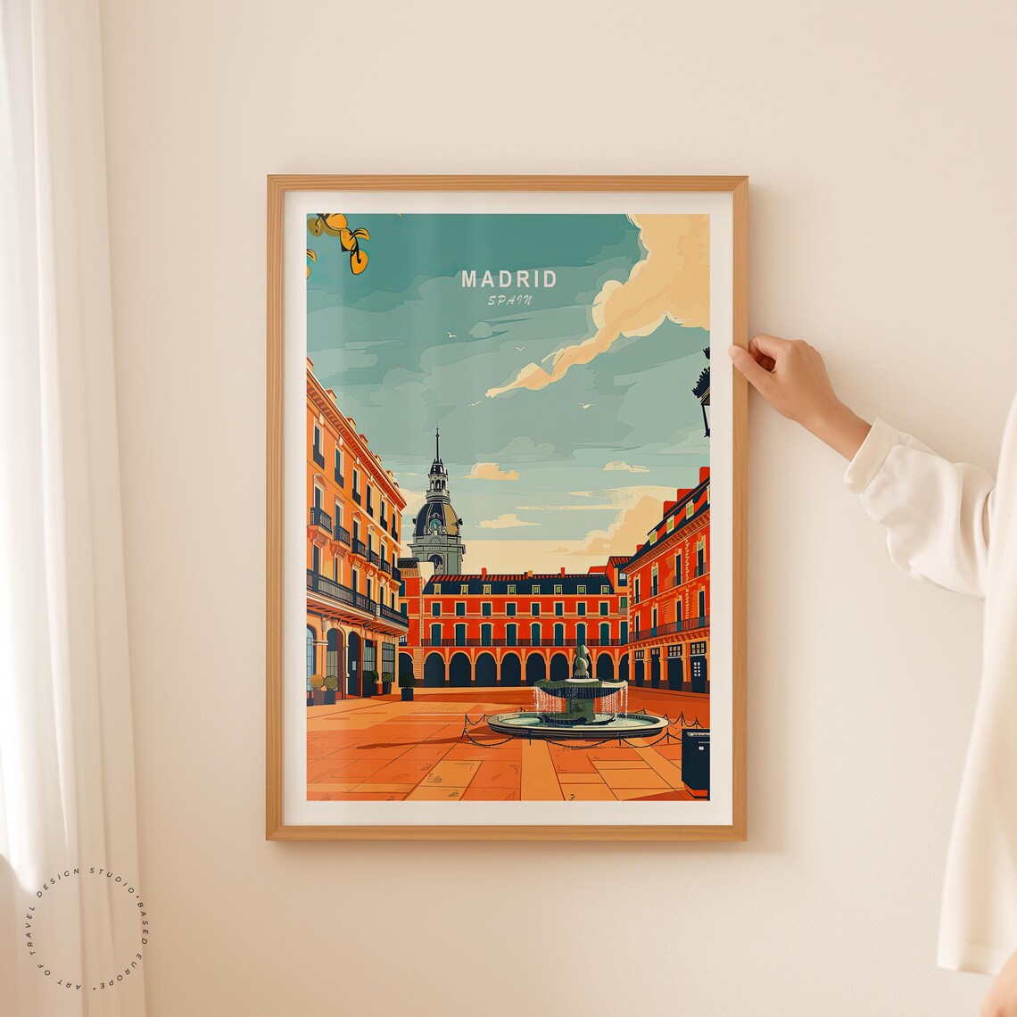 Madrid Spain Historic Plaza Fountain Golden Retro Travel Poster - Image 2