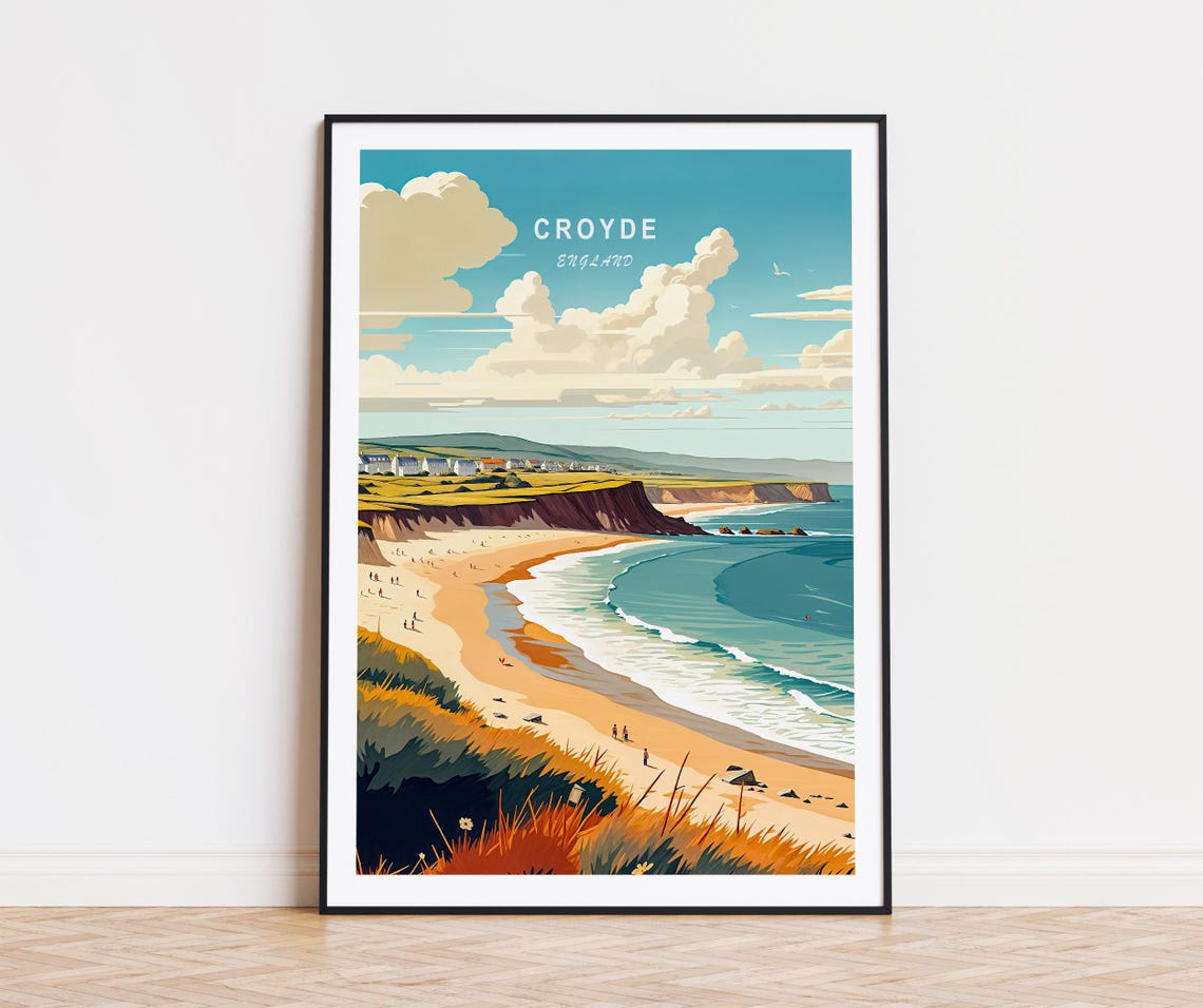 Croyde England Dramatic Coastal Cliffs Over Sandy Surf Beach Poster