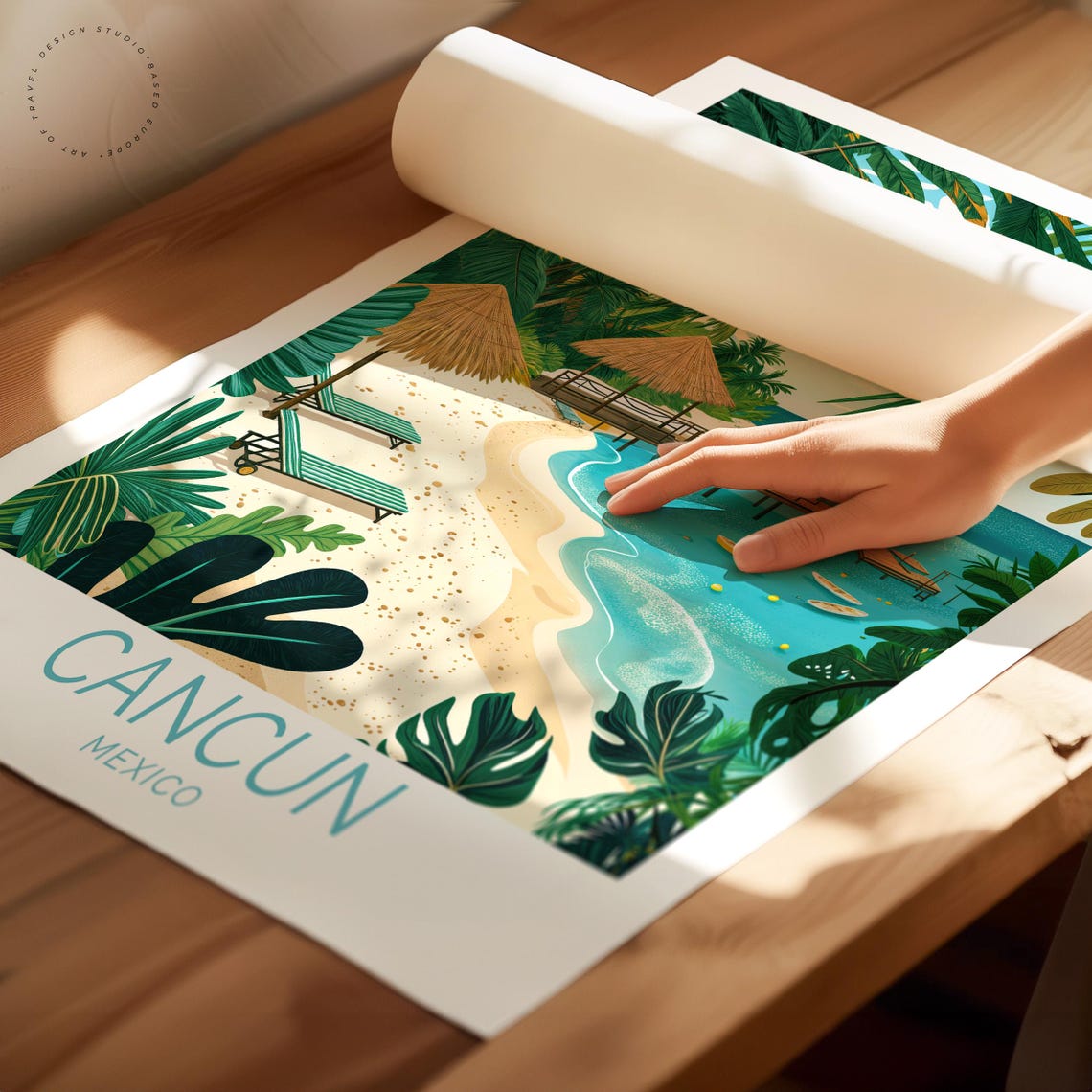 Cancun Mexico Tropical Beach Resort Pier Palms Vintage Travel Poster - Image 2