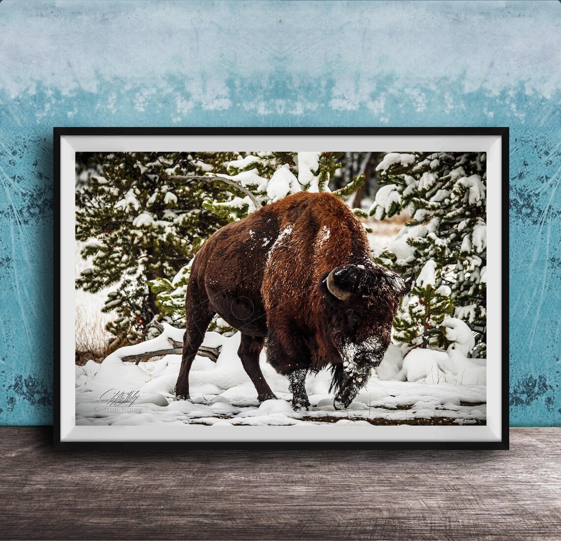 Bison Winter Art Print Snowy Landscape With Wildlife