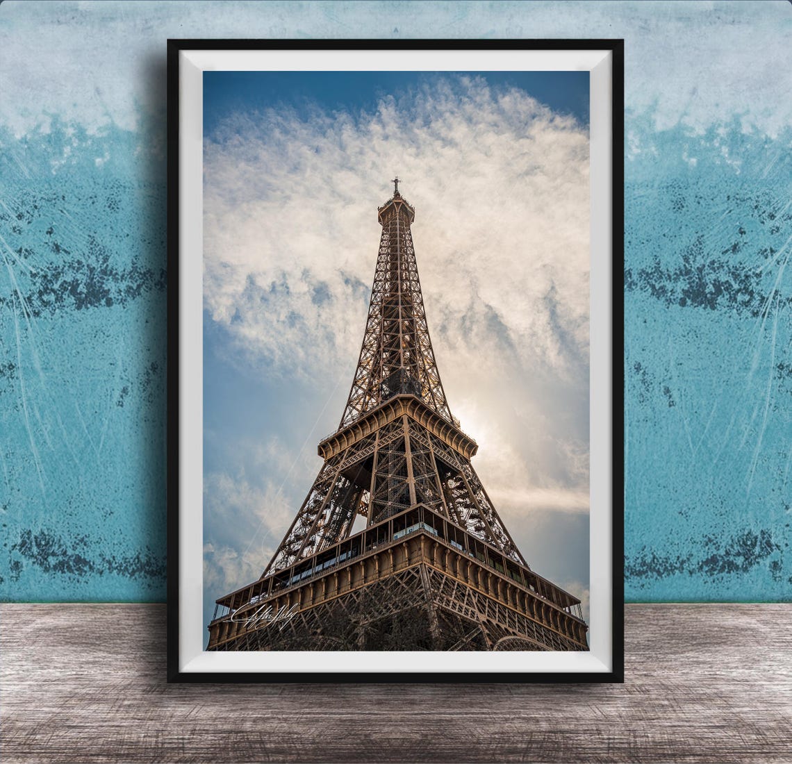 Eiffel Tower Looking Up Dramatic Clouds Romantic Paris Photo Poster