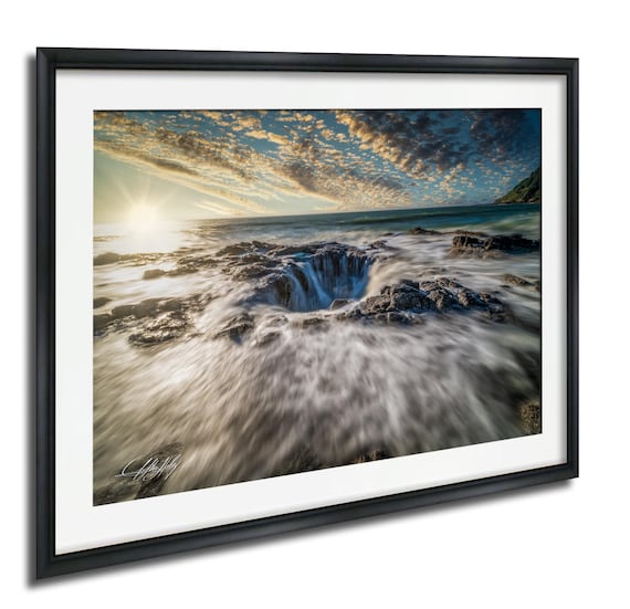Ocean Sinkhole Waterfall at Sunrise Dramatic Seascape Photo Poster