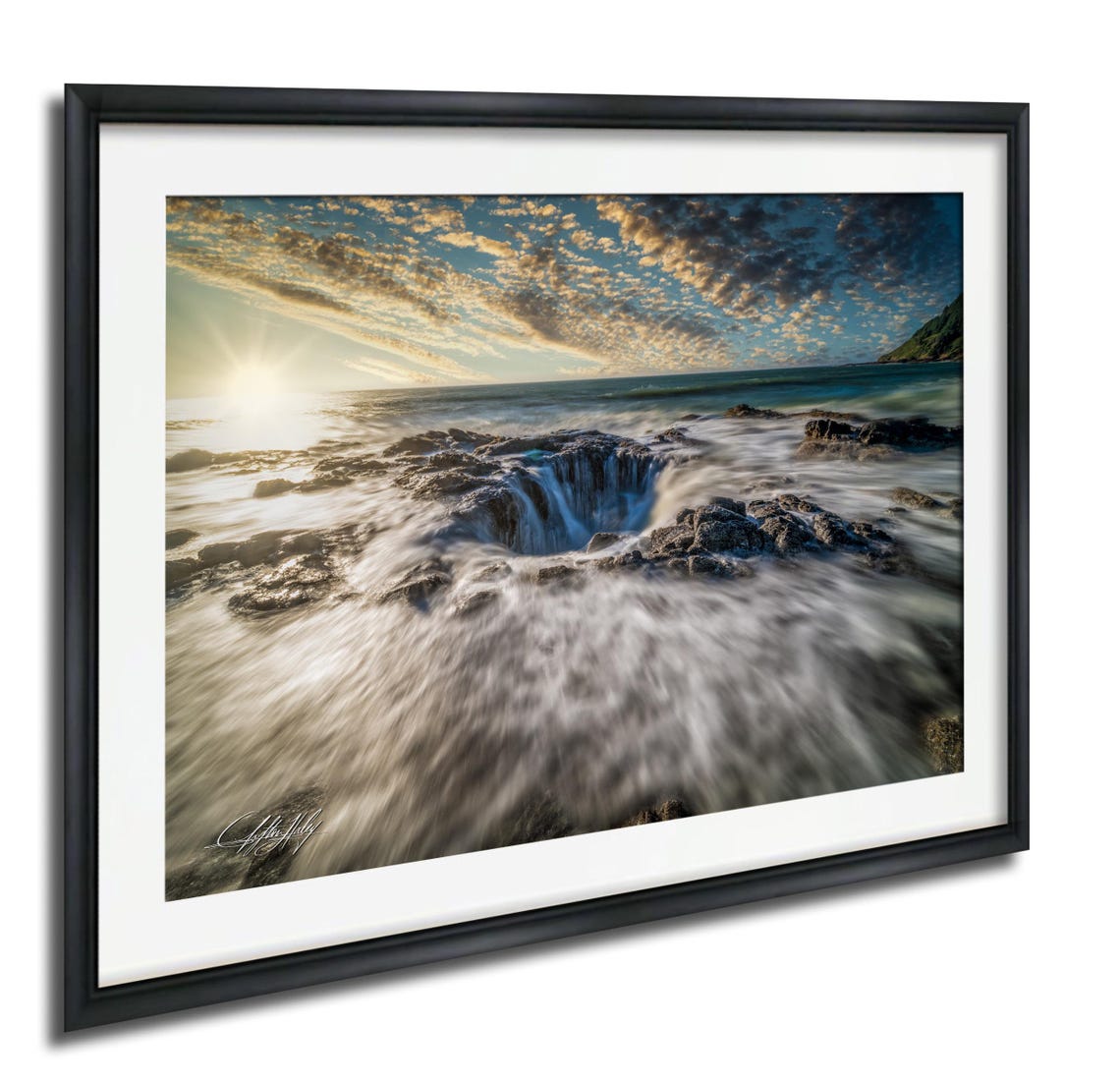 Ocean Sinkhole Waterfall at Sunrise Dramatic Seascape Photo Poster