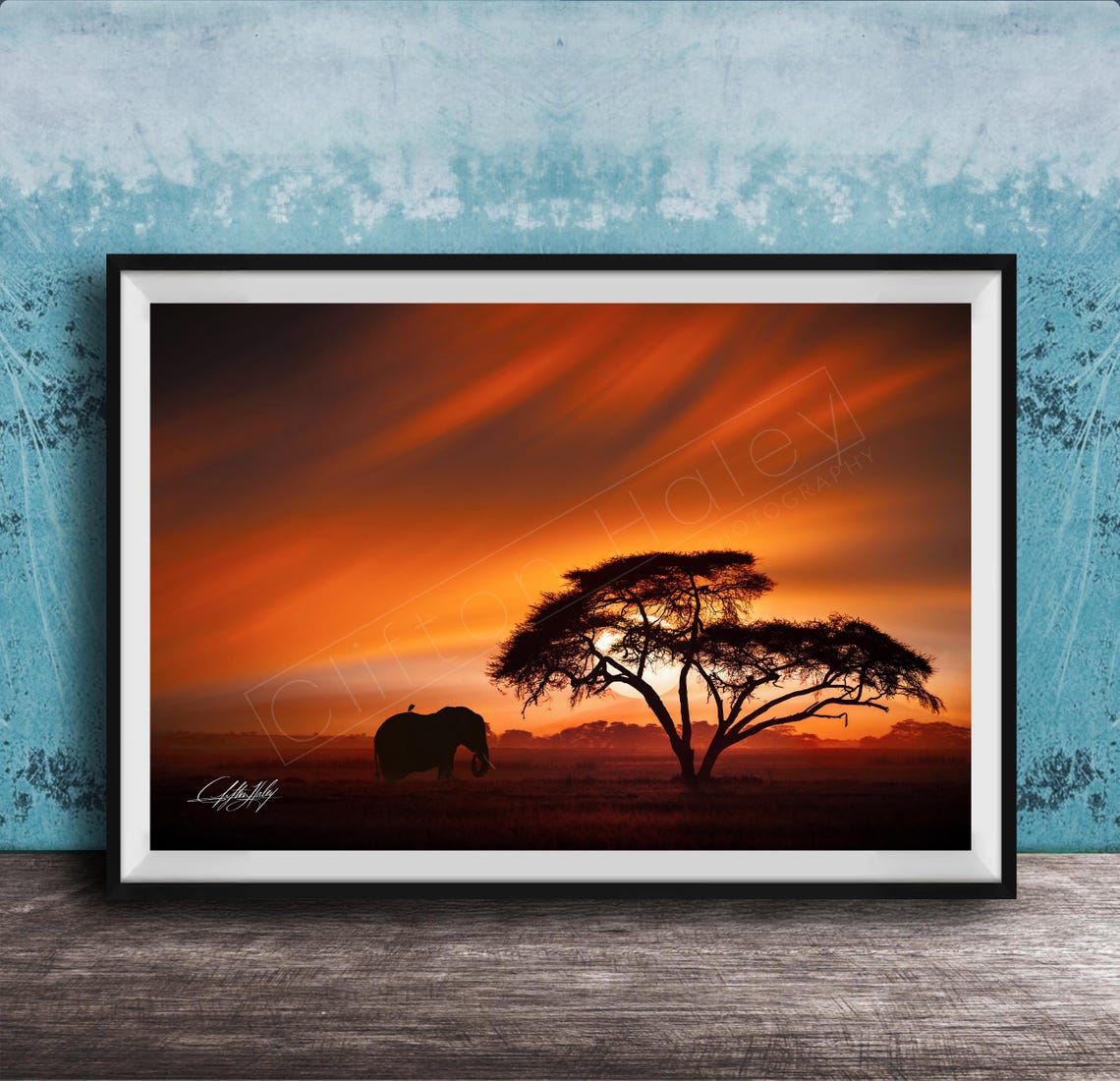 Maasai Mara Elephant Print African Sunset Art Gold Crimson Signed