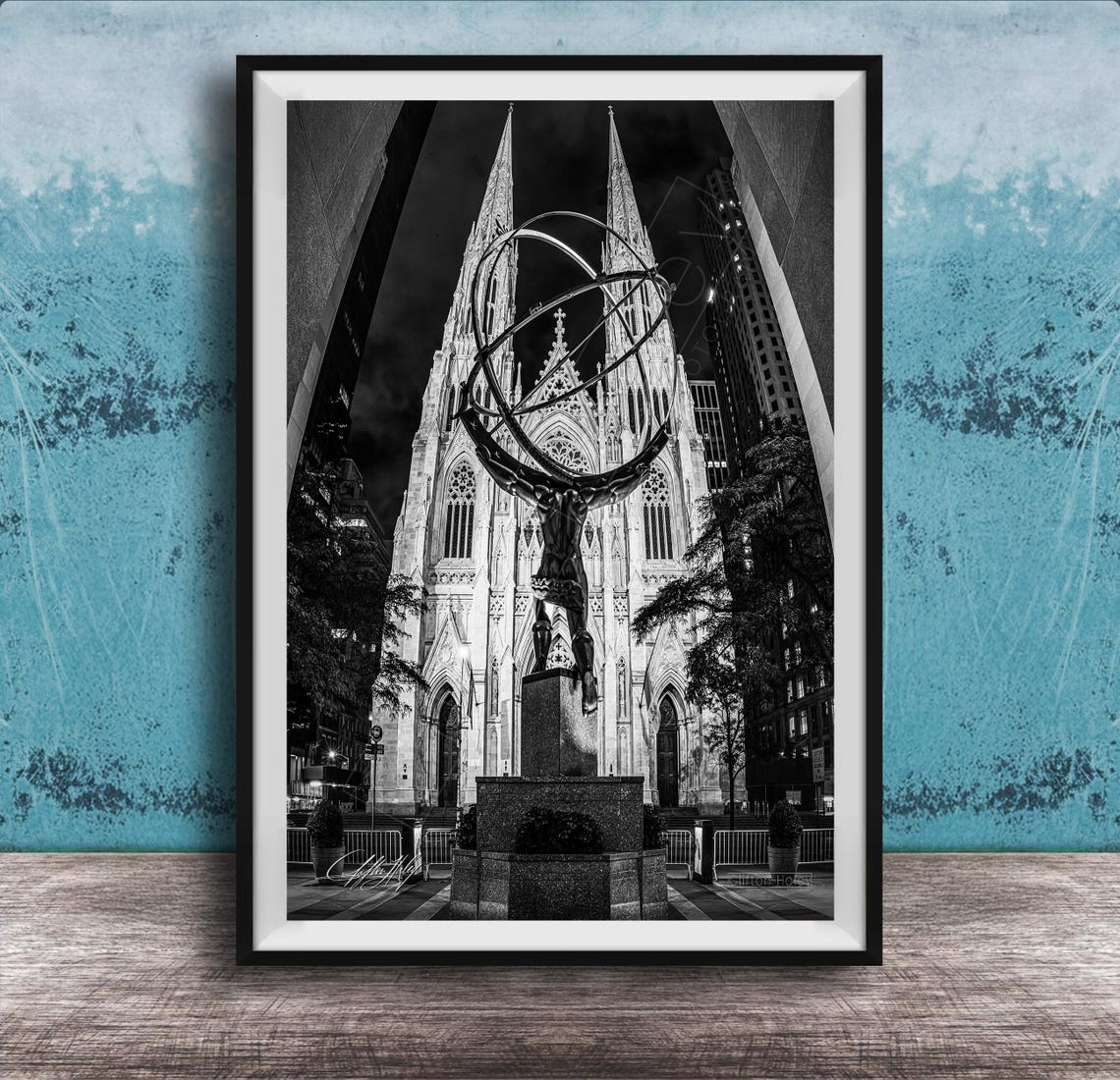 Atlas Statue In Front Of Saint Patrick's Cathedral NYC Night Poster