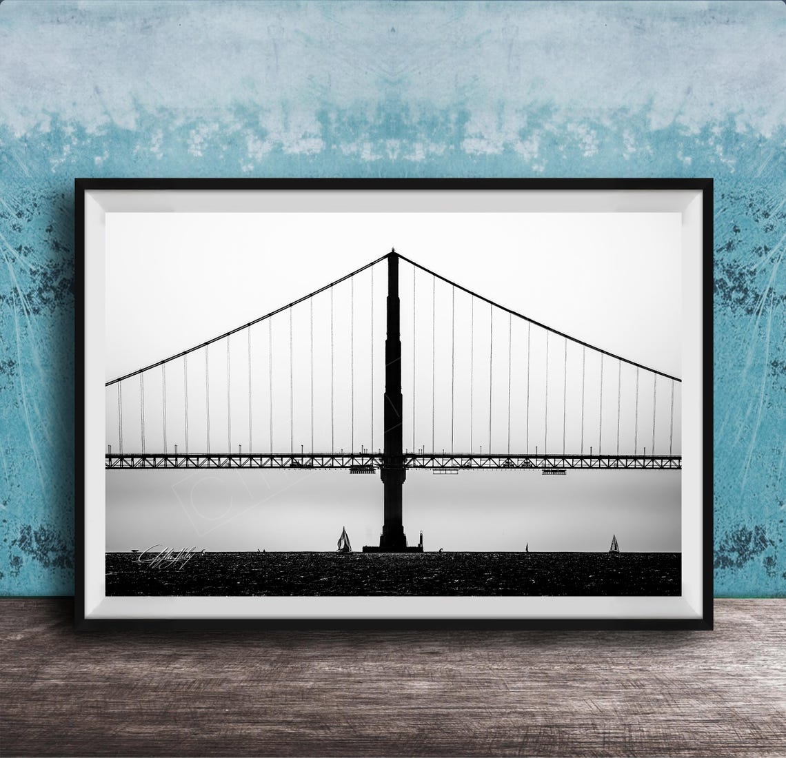 Golden Gate Bridge Tower Black White Fog Minimalist Sailboat Print