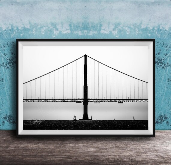 Golden Gate Bridge Tower Black White Fog Minimalist Sailboat Print