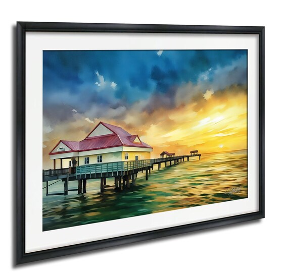 Pier 60 Sunset Ocean Waves Watercolor Coastal Landscape Poster