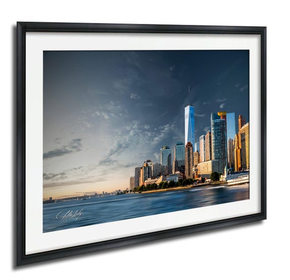 Sunset NYC Skyline Travel Poster, Waterfront Cityscape
