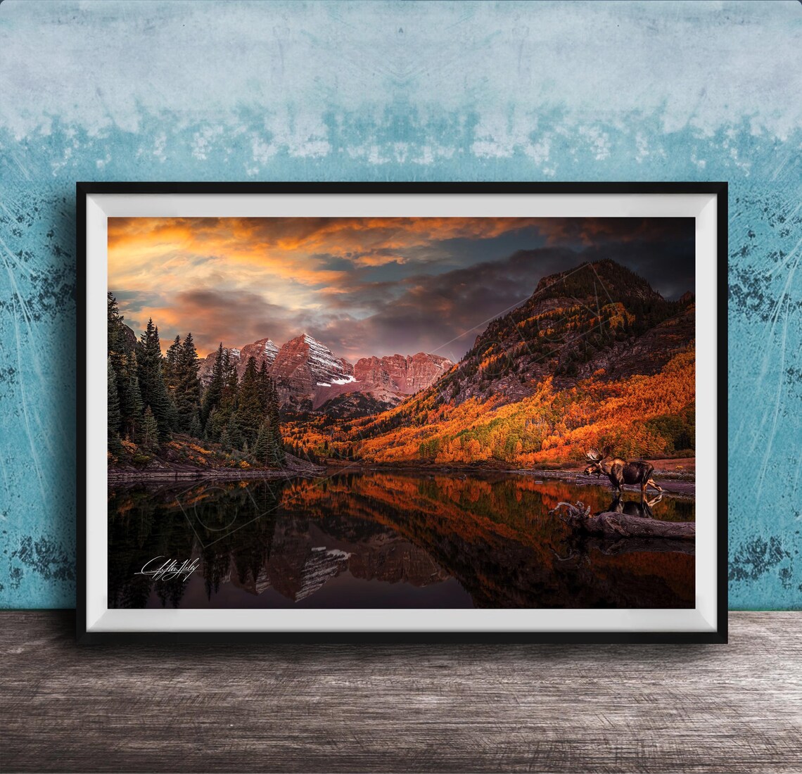 Maroon Bells Sunrise Over Autumn Aspens and Lake Mountain Scenic Poster