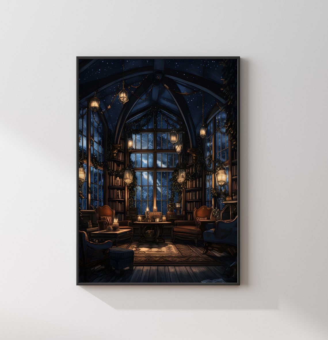 Starry Night Library Lanterns Cozy Reading Room Fantasy Art Poster - Image 2