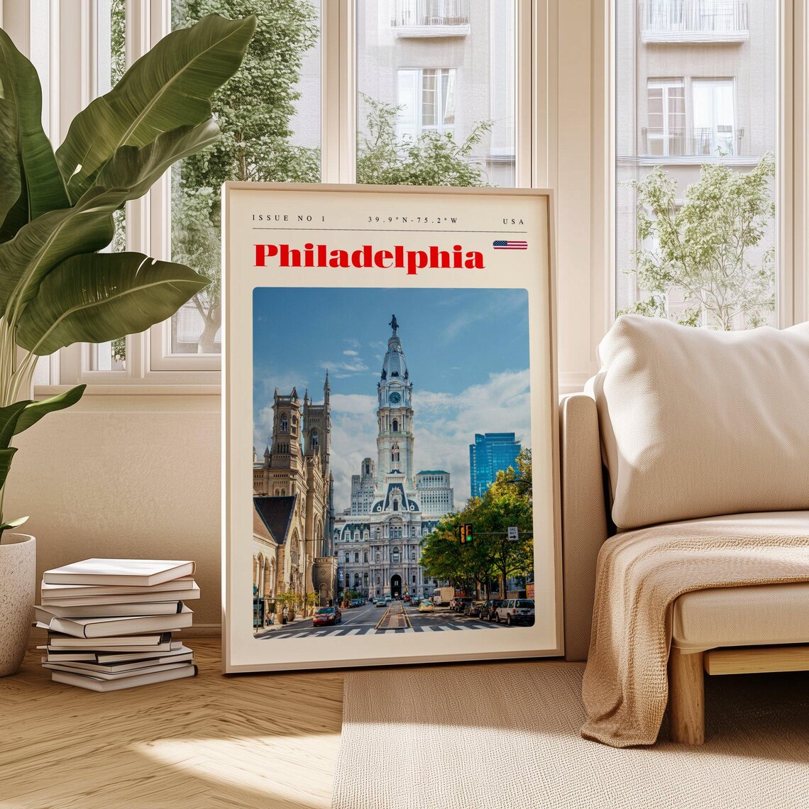Philadelphia City Hall Tower Historic Street Scene Travel Poster
