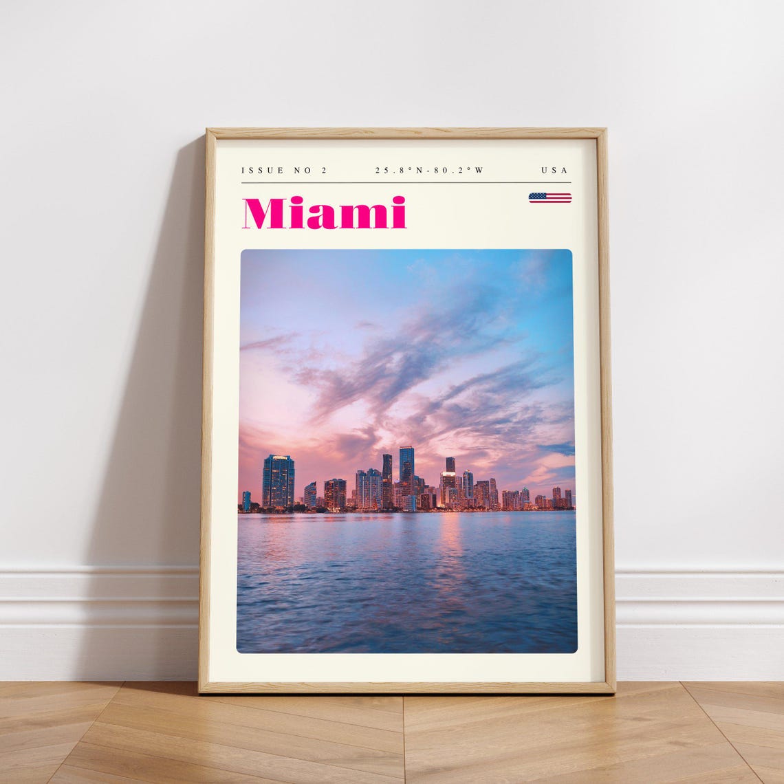 Miami USA Pink Sunset Skyline Over Biscayne Bay Travel Poster - Image 3