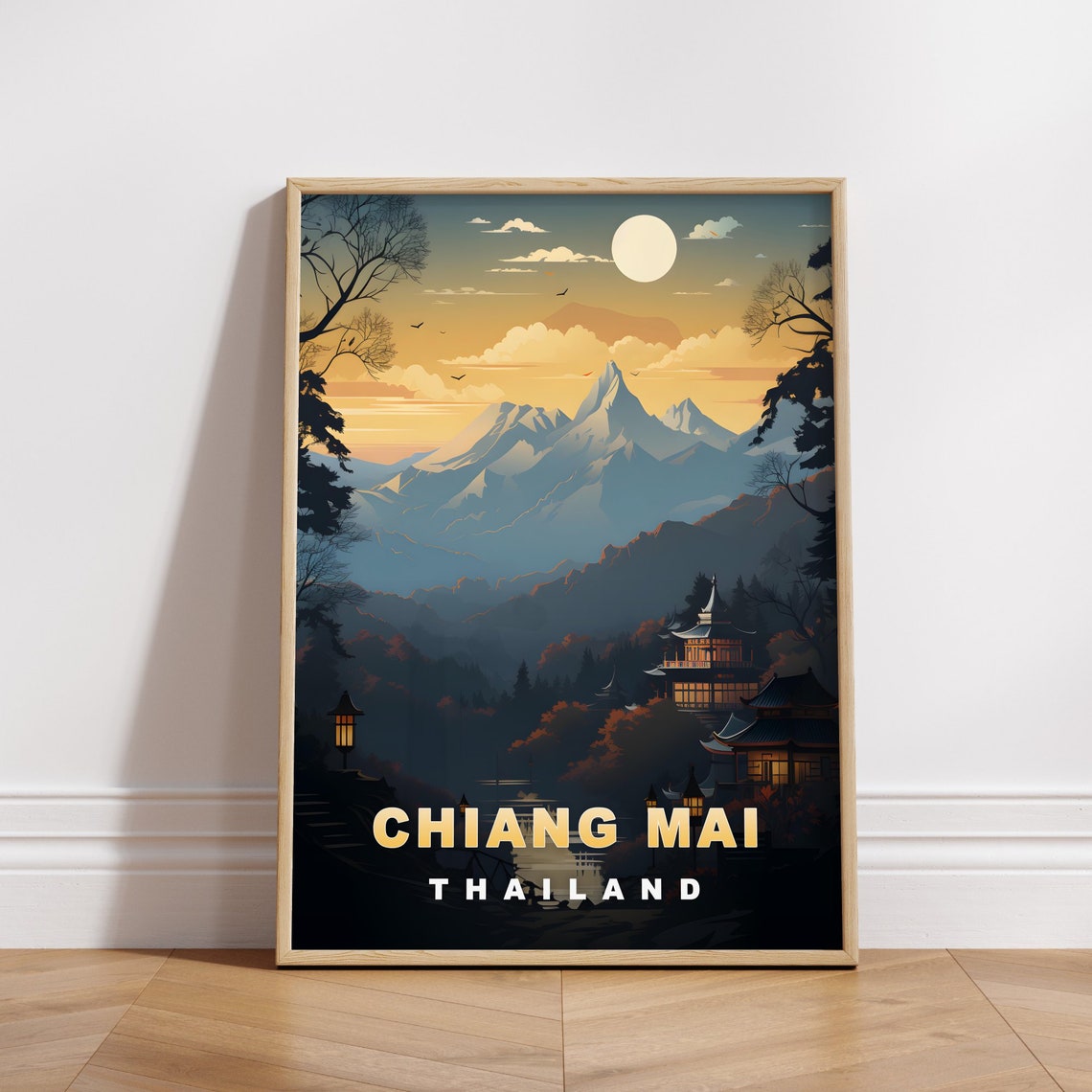 Chiang Mai Thailand Mountain Temple Night Moonlit Travel Poster