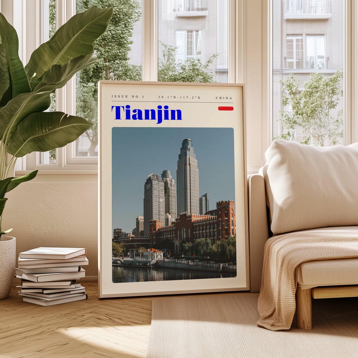 Tianjin China Vintage Travel Poster Riverside Towers and Brick Hall