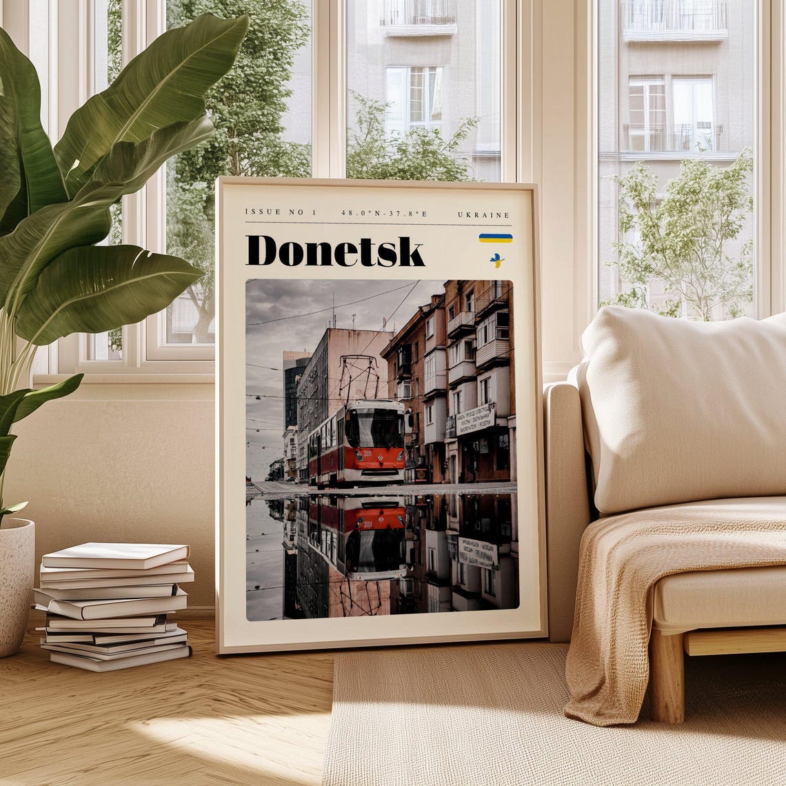 Donetsk Ukraine Red Tram Reflection Wet Street Urban Travel Poster