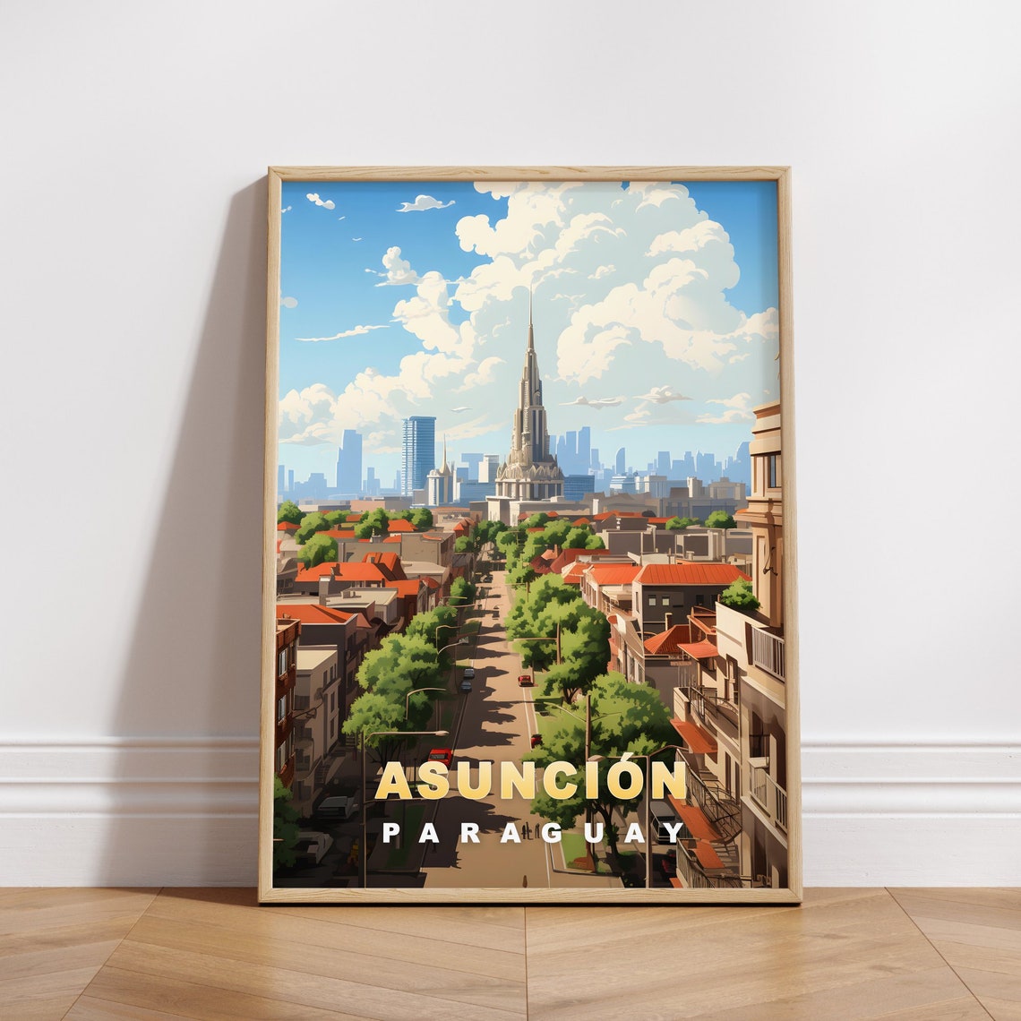 Asuncion Paraguay Shady Avenue City Skyline Retro Travel Poster