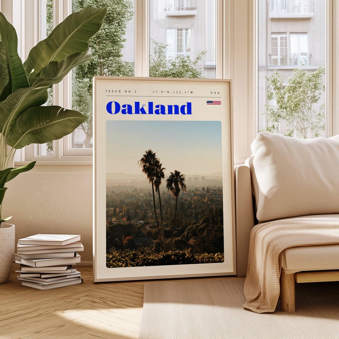 Oakland California Palm Trees City Hillside Sunset Travel Poster