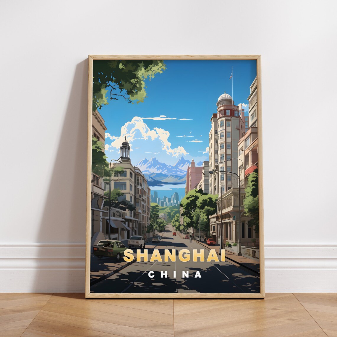Shanghai China Historic Avenue Mountains Retro Travel Poster