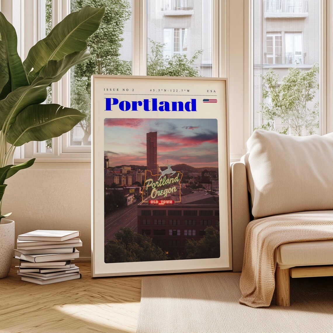 Portland Oregon Old Town Neon Sign Dusk Skyline Travel Poster