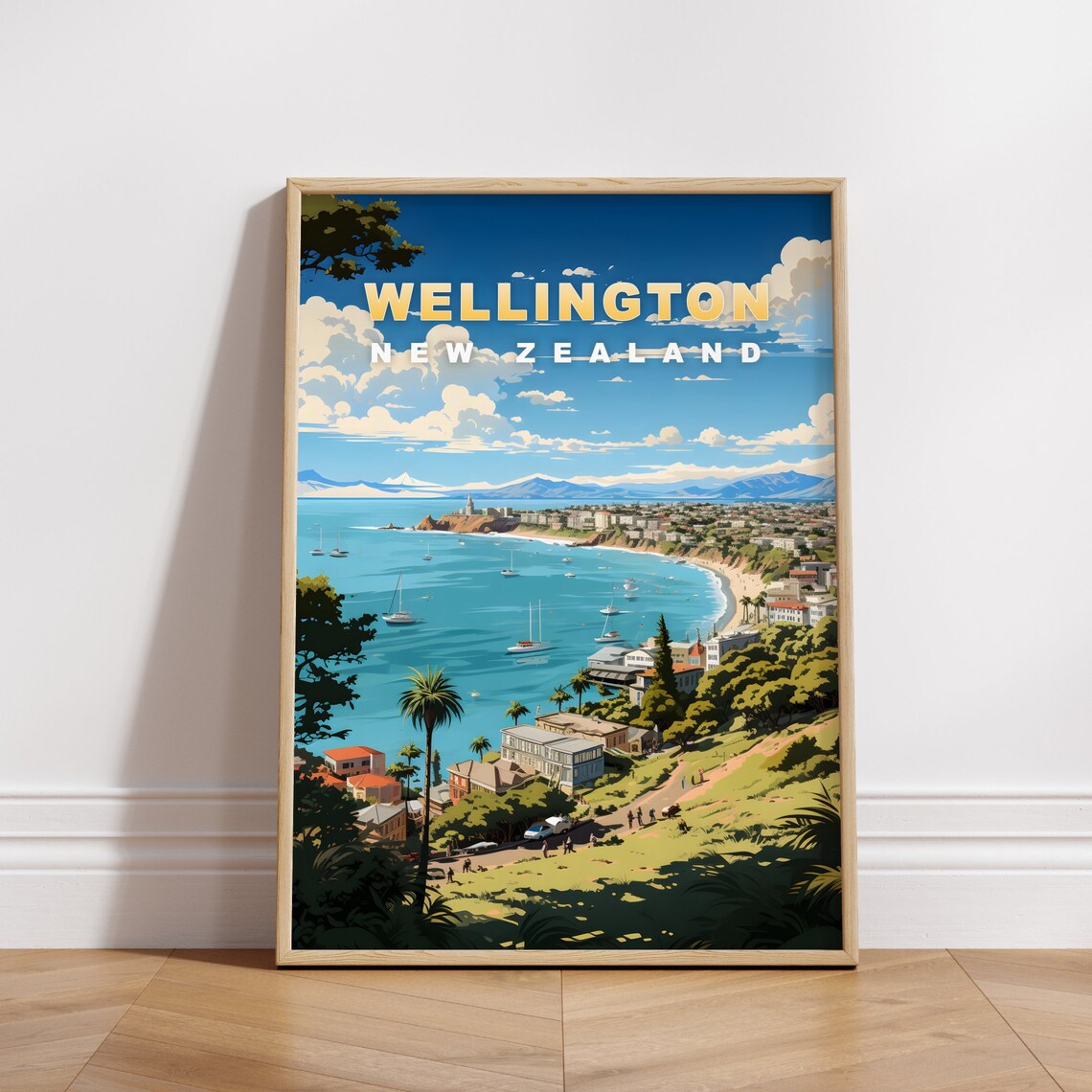 Wellington New Zealand Coastal Bay Sailboats Retro Travel Poster