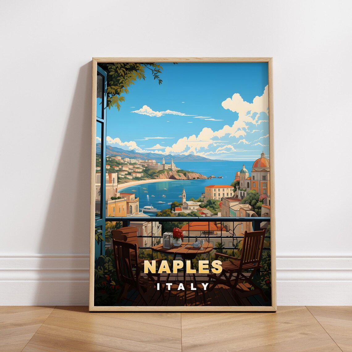 Naples Italy Balcony Bay View Sunshine Retro Travel Poster Decor Art