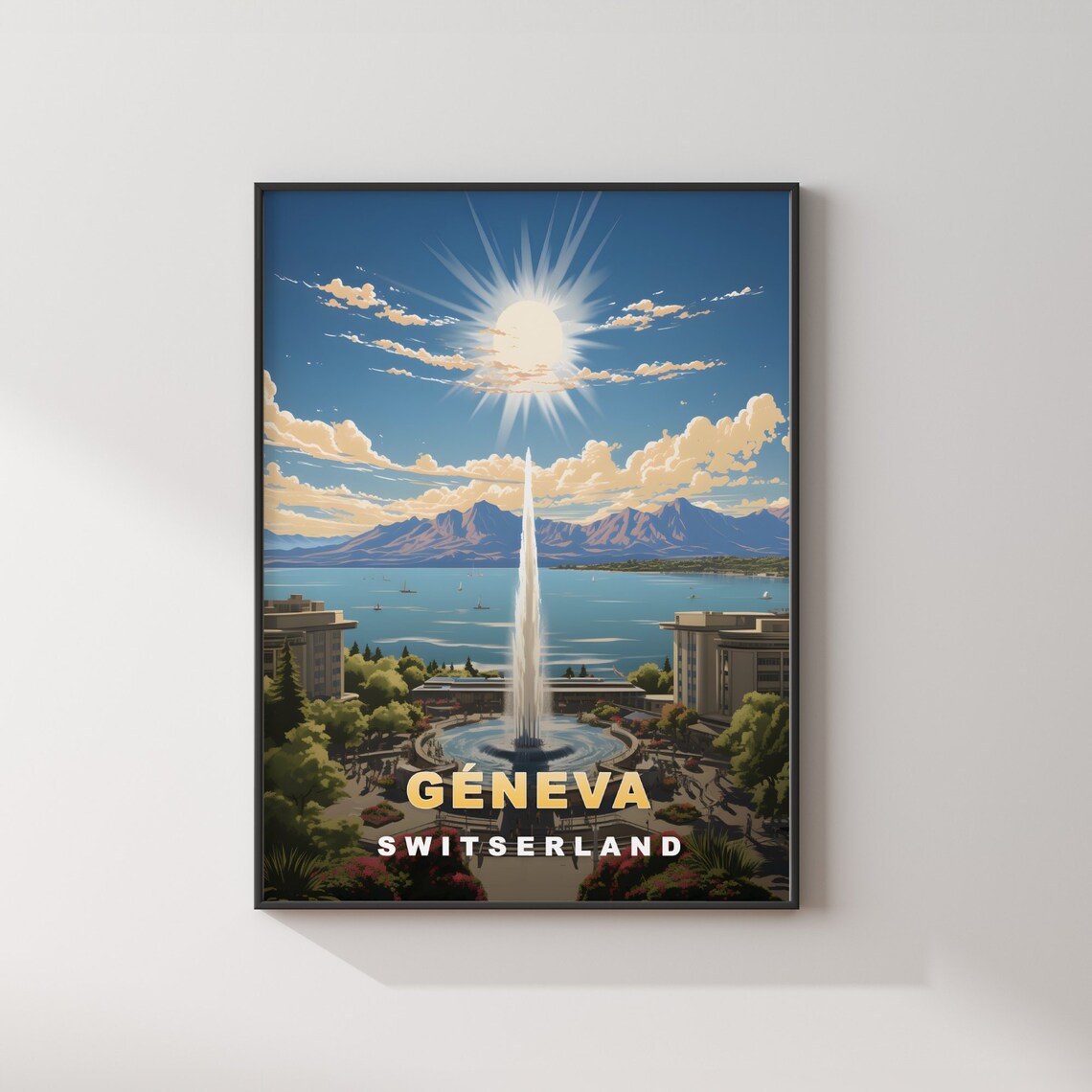 Geneva Switzerland Retro Travel Poster Fountain Sunburst Lake View - Image 2