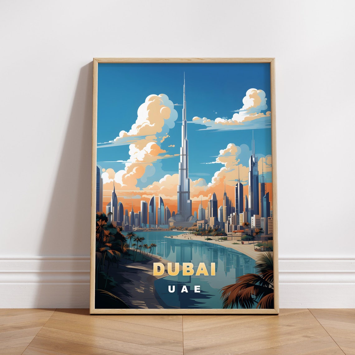 Dubai UAE Burj Khalifa Waterfront Skyline Retro Travel Poster
