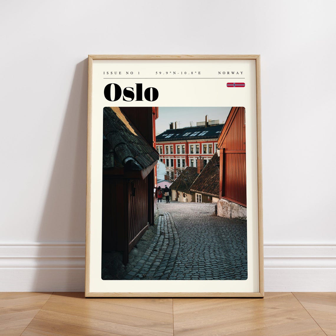 Oslo Norway Old Town Cobblestone Alley Red Houses Travel Poster - Image 3