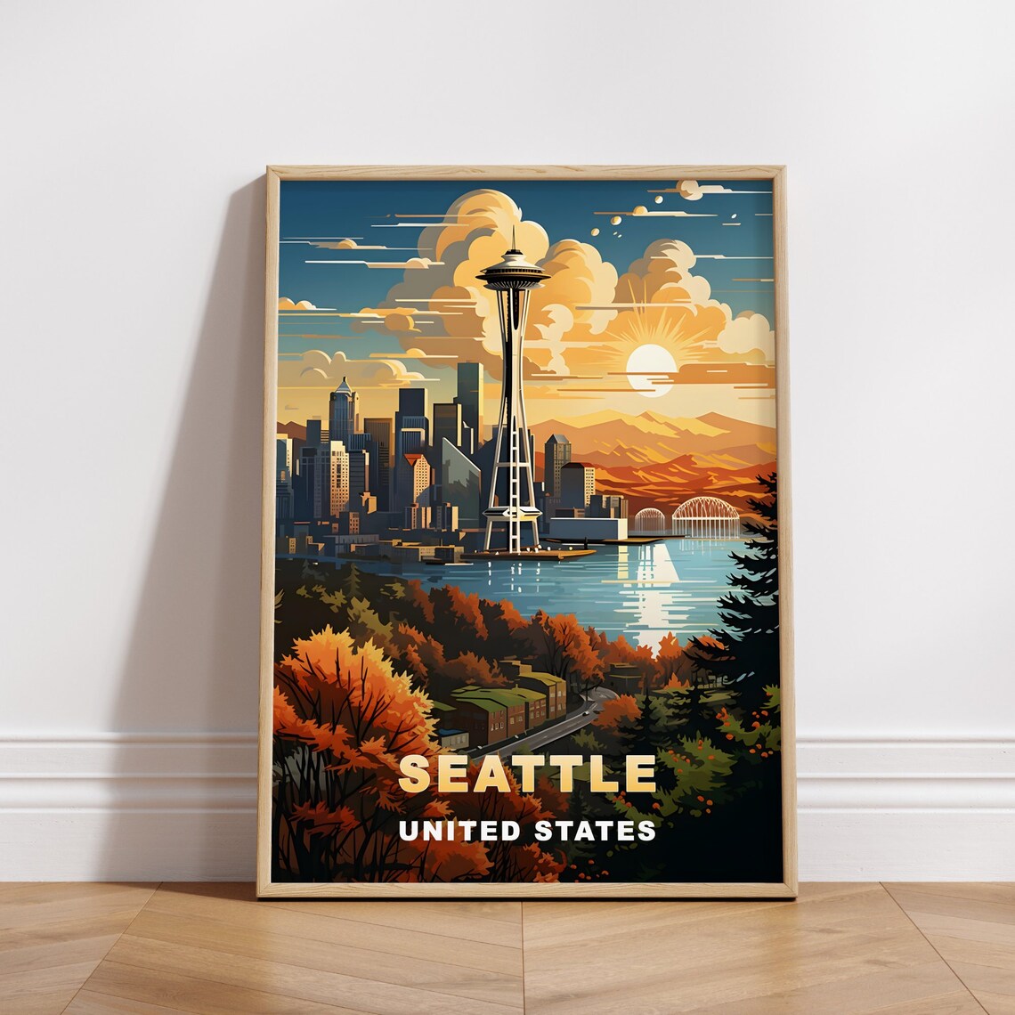 Seattle Space Needle Sunset Puget Sound Autumn Travel Poster