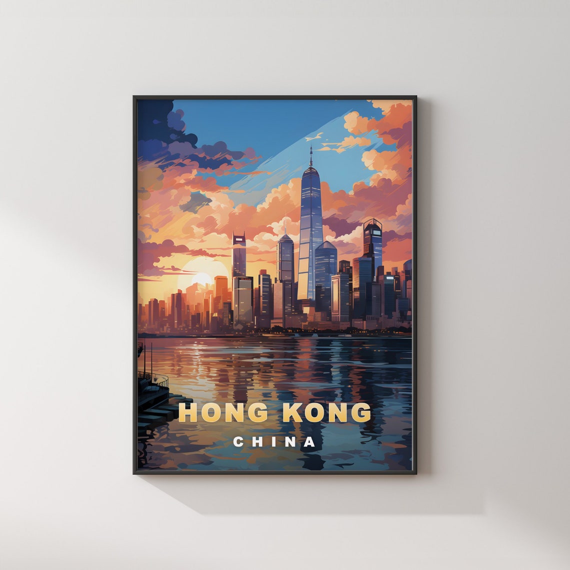 Hong Kong China Skyline Sunset Water Reflection Travel Poster - Image 2