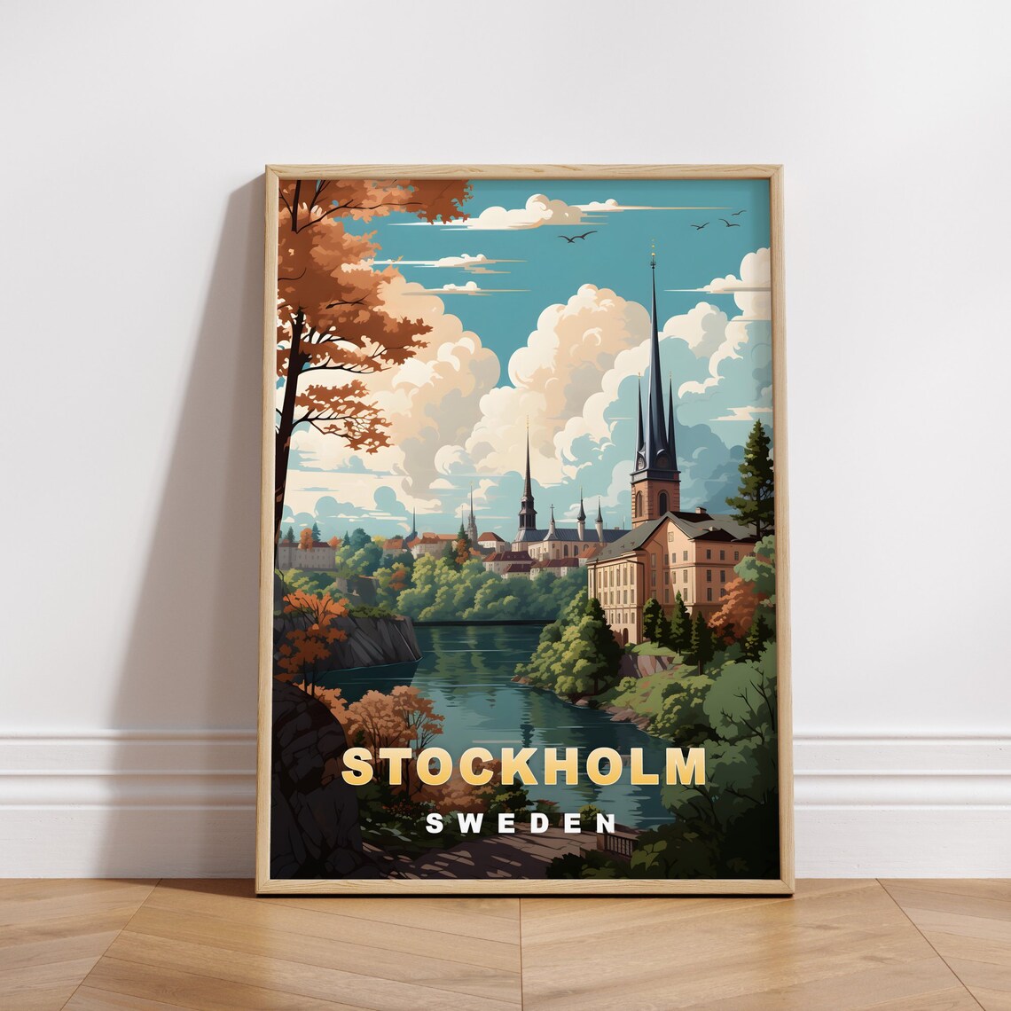Stockholm Sweden River Church Spires Autumn Foliage Travel Poster