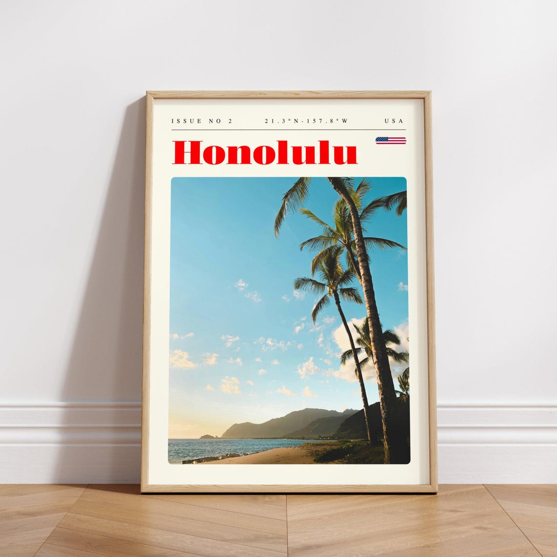 Honolulu Hawaii Palm Trees Beach Sunset Vintage Travel Poster - Image 3